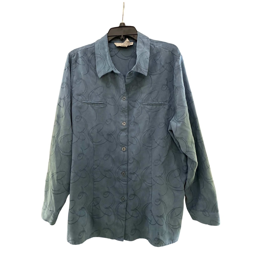 Sag Harbor Blouse Womens 22W Blue Faux Suede Embroidered Button Up Office